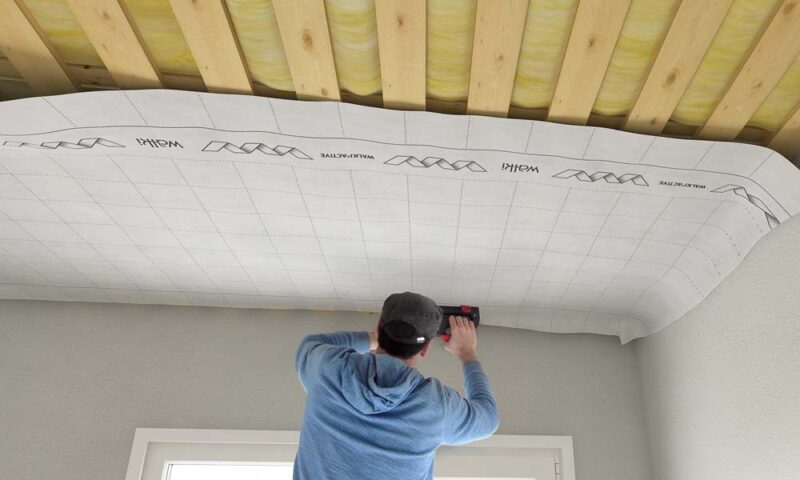Man putting up membrane on the cealing