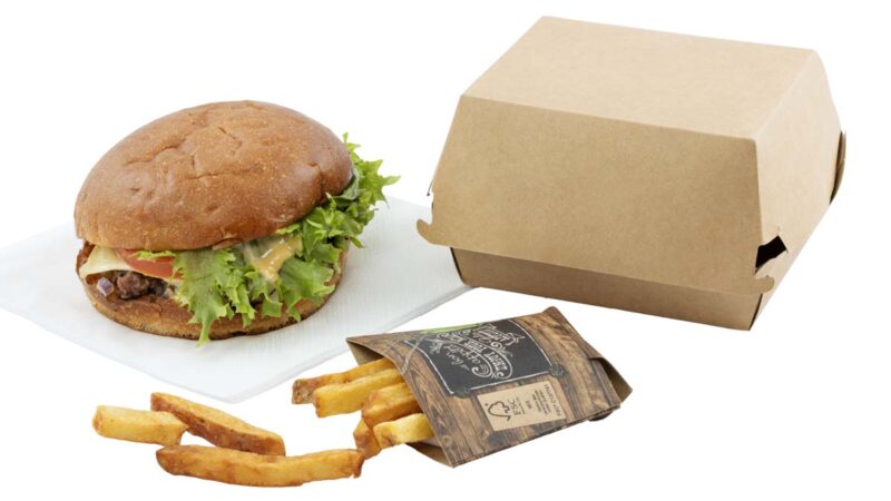 Dispersion hamburger packaging with hamburger and french fries