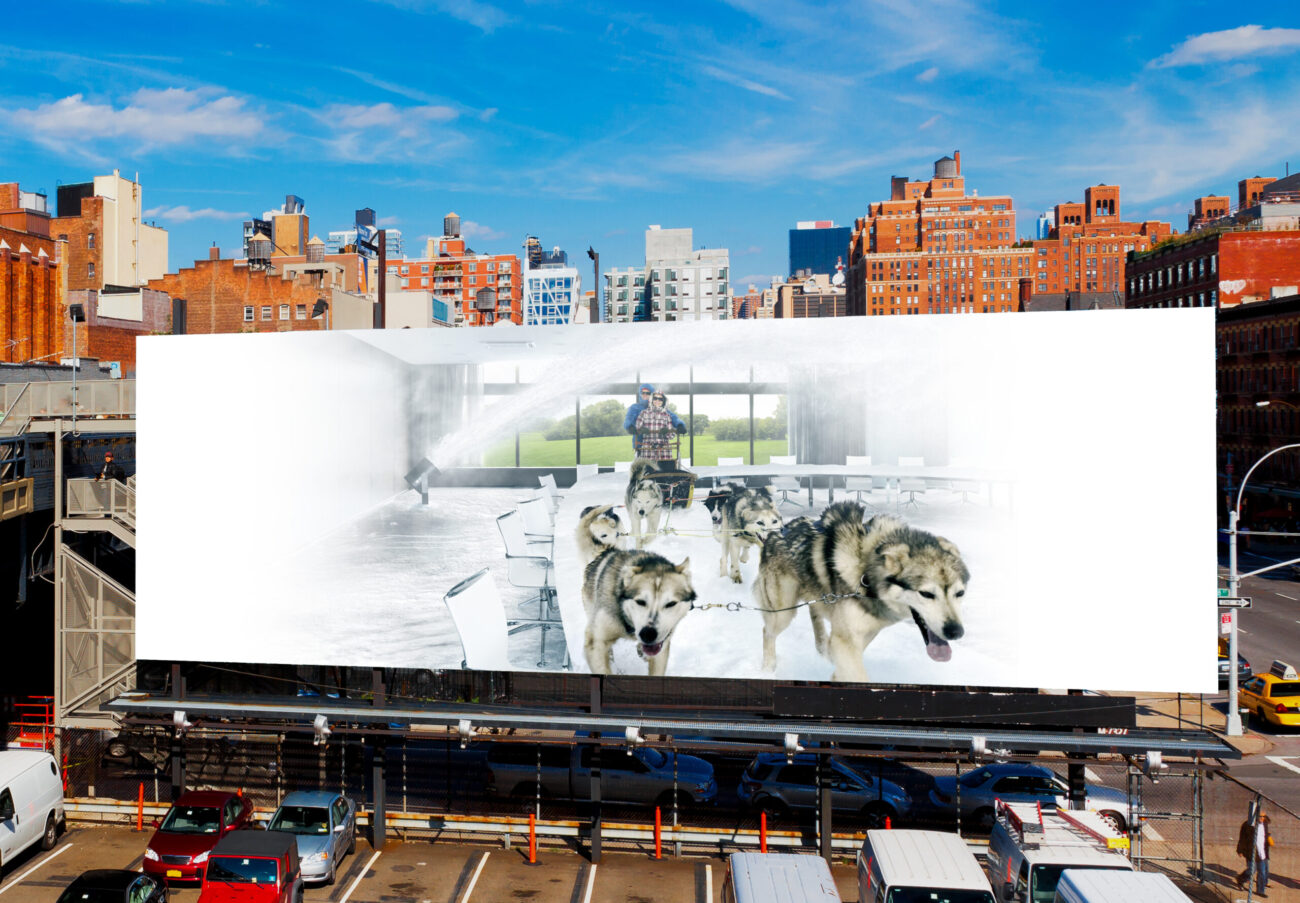 Huskeis on a billboard in a city